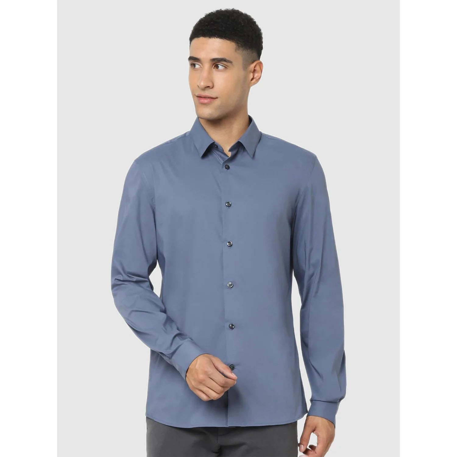 Blue Solid Cotton Blend Shirt