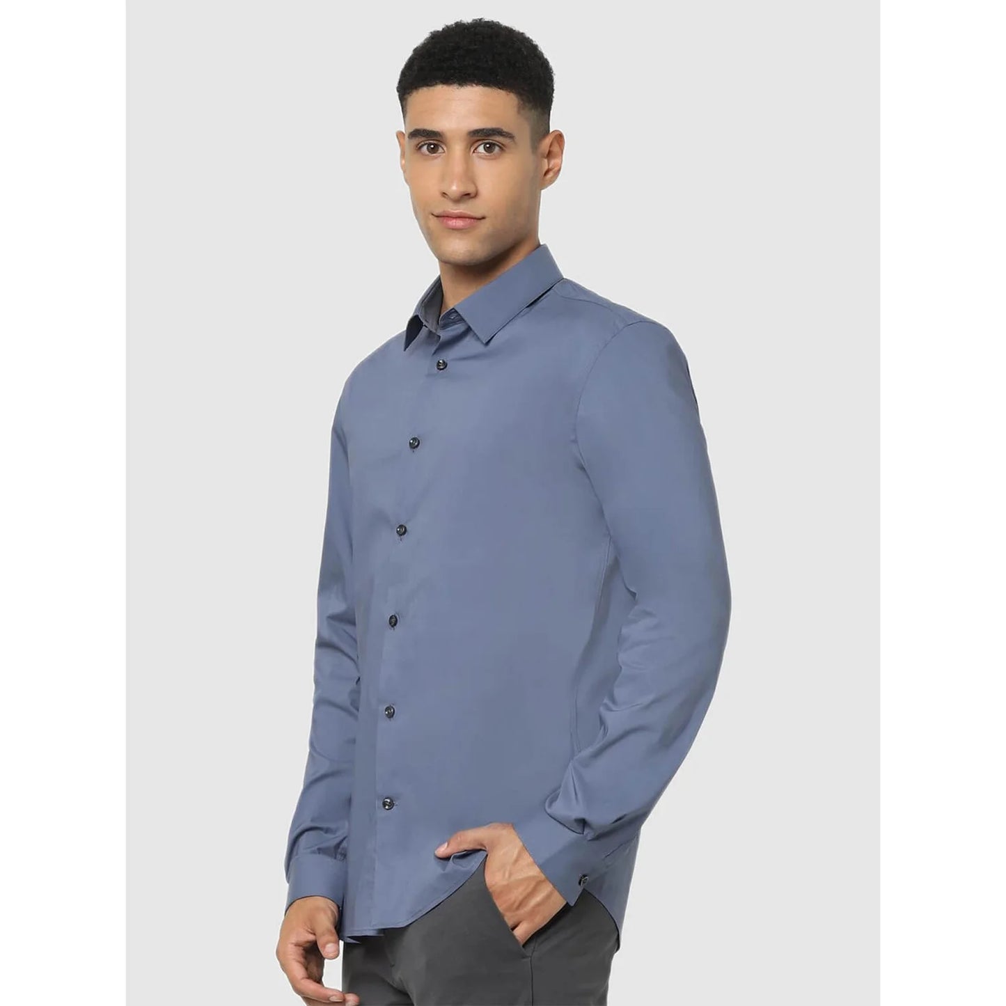 Blue Solid Cotton Blend Shirt