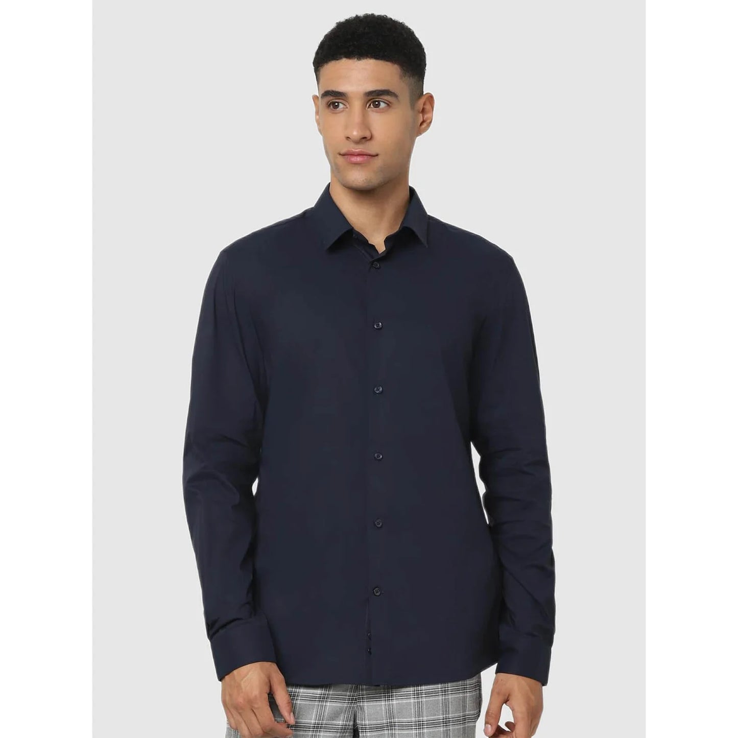 Navy Blue Solid Cotton Blend Shirt