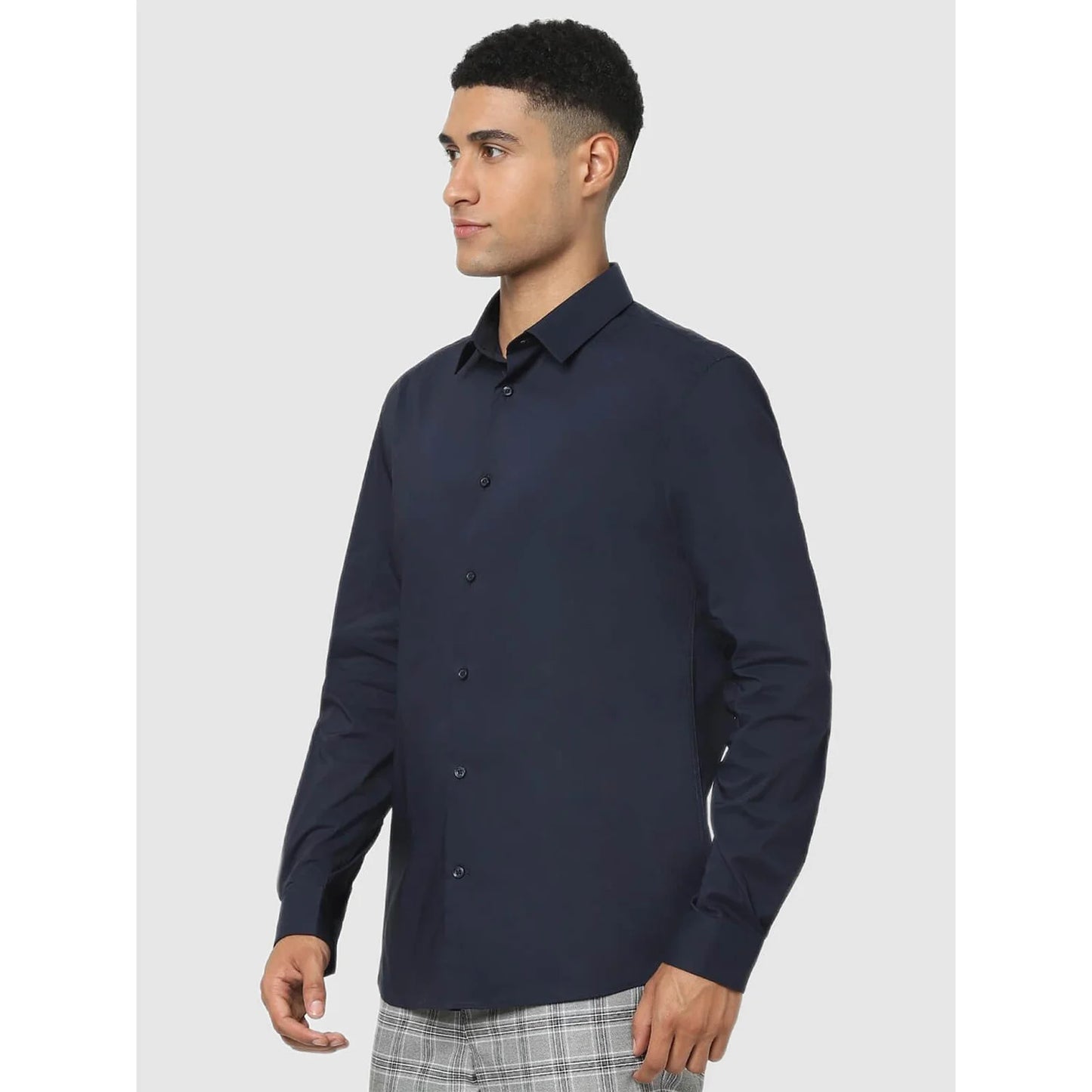 Navy Blue Solid Cotton Blend Shirt