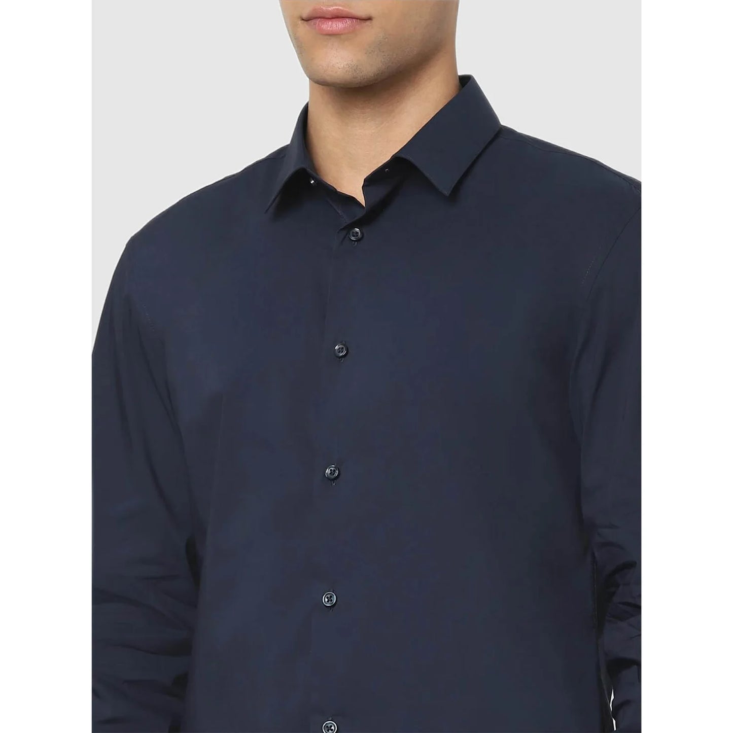 Navy Blue Solid Cotton Blend Shirt