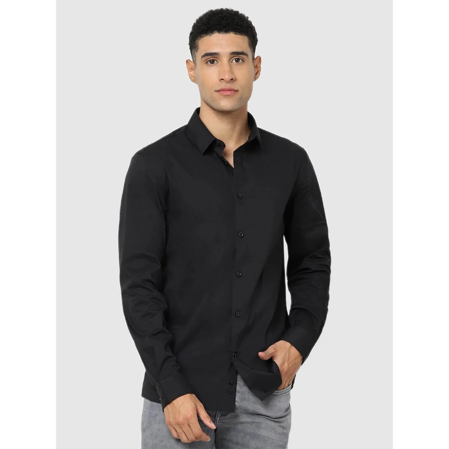 Celio* Cotton Blend Men Black Regular Fit Solid Shirt