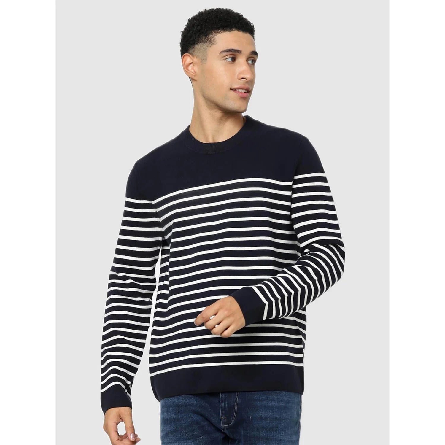 Navy Blue Striped Cotton Blend Sweater