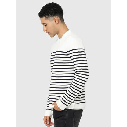 White Striped Cotton Blend Sweater