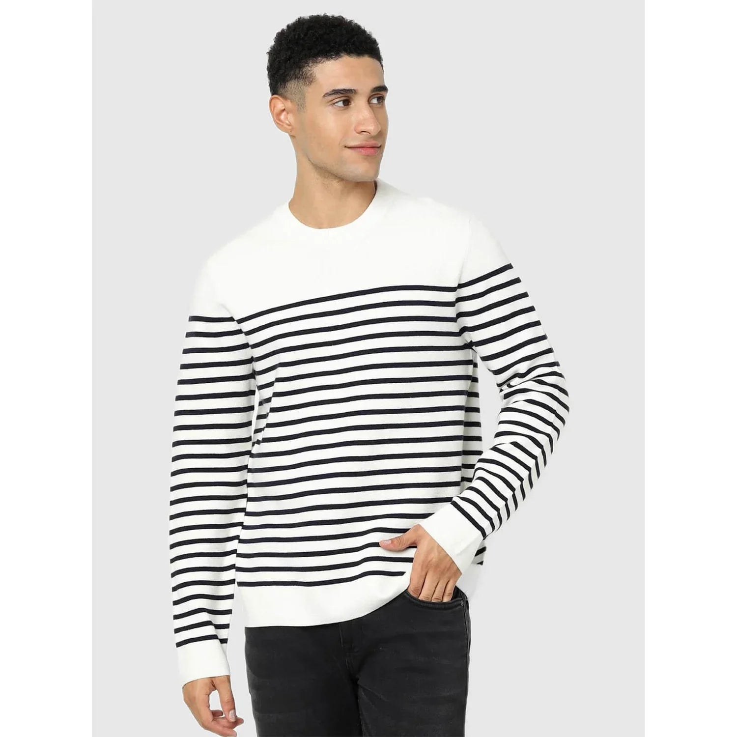 White Striped Cotton Blend Sweater