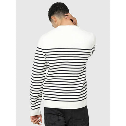 White Striped Cotton Blend Sweater