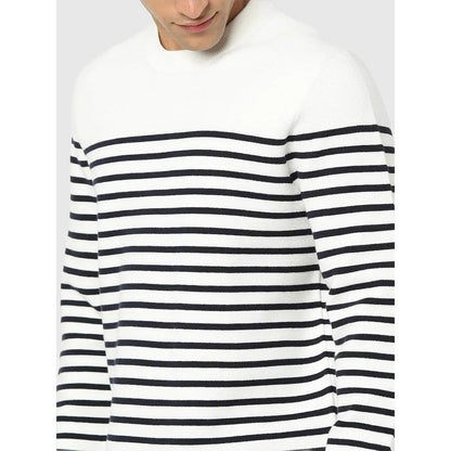 White Striped Cotton Blend Sweater