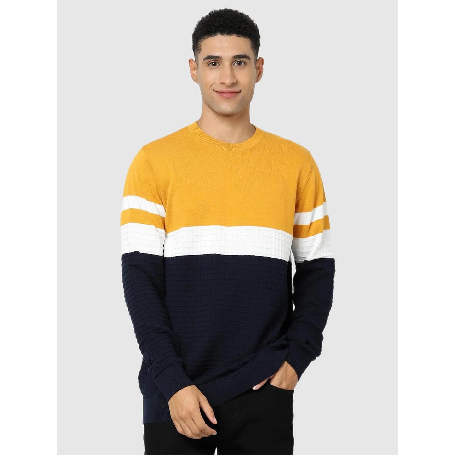 Navy Blue Colourblock Cotton Sweater