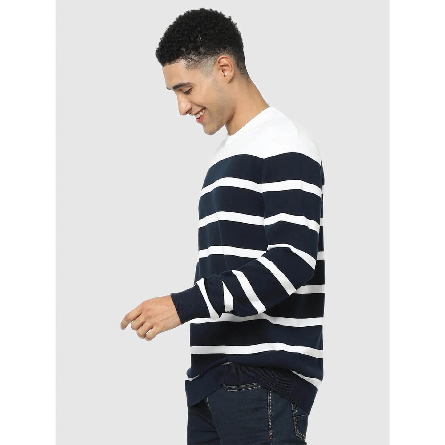 Navy Blue Striped Cotton Sweater