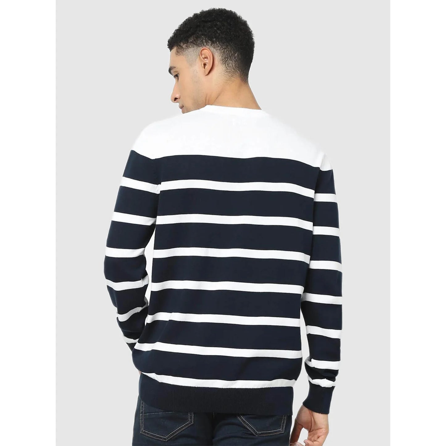 Navy Blue Striped Cotton Sweater