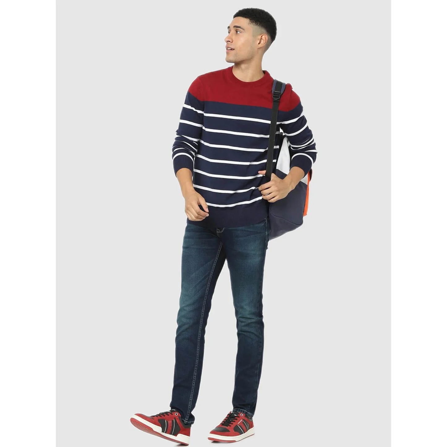 Navy Blue Striped Cotton Sweater