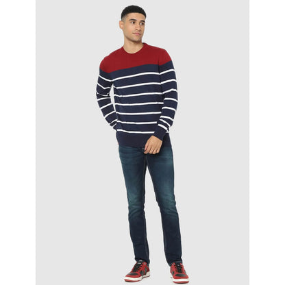 Navy Blue Striped Cotton Sweater