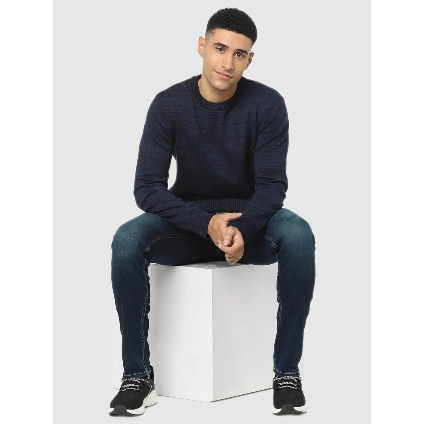 Navy Blue Solid Cotton Sweater