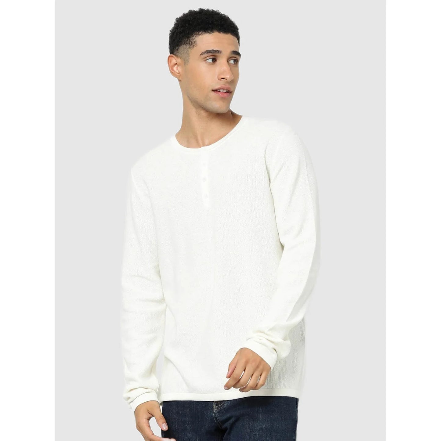 Off White Solid Cotton Sweater