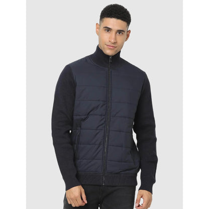 Navy Blue Solid Cotton Blend Jacket