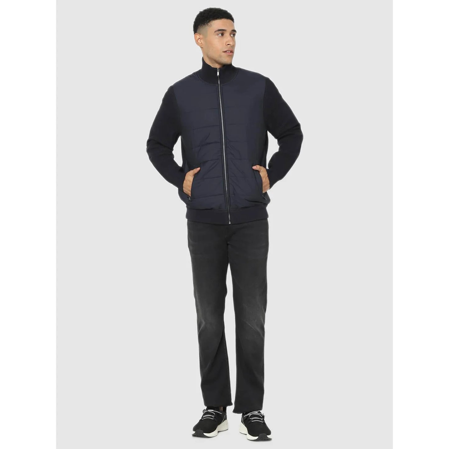 Navy Blue Solid Cotton Blend Jacket