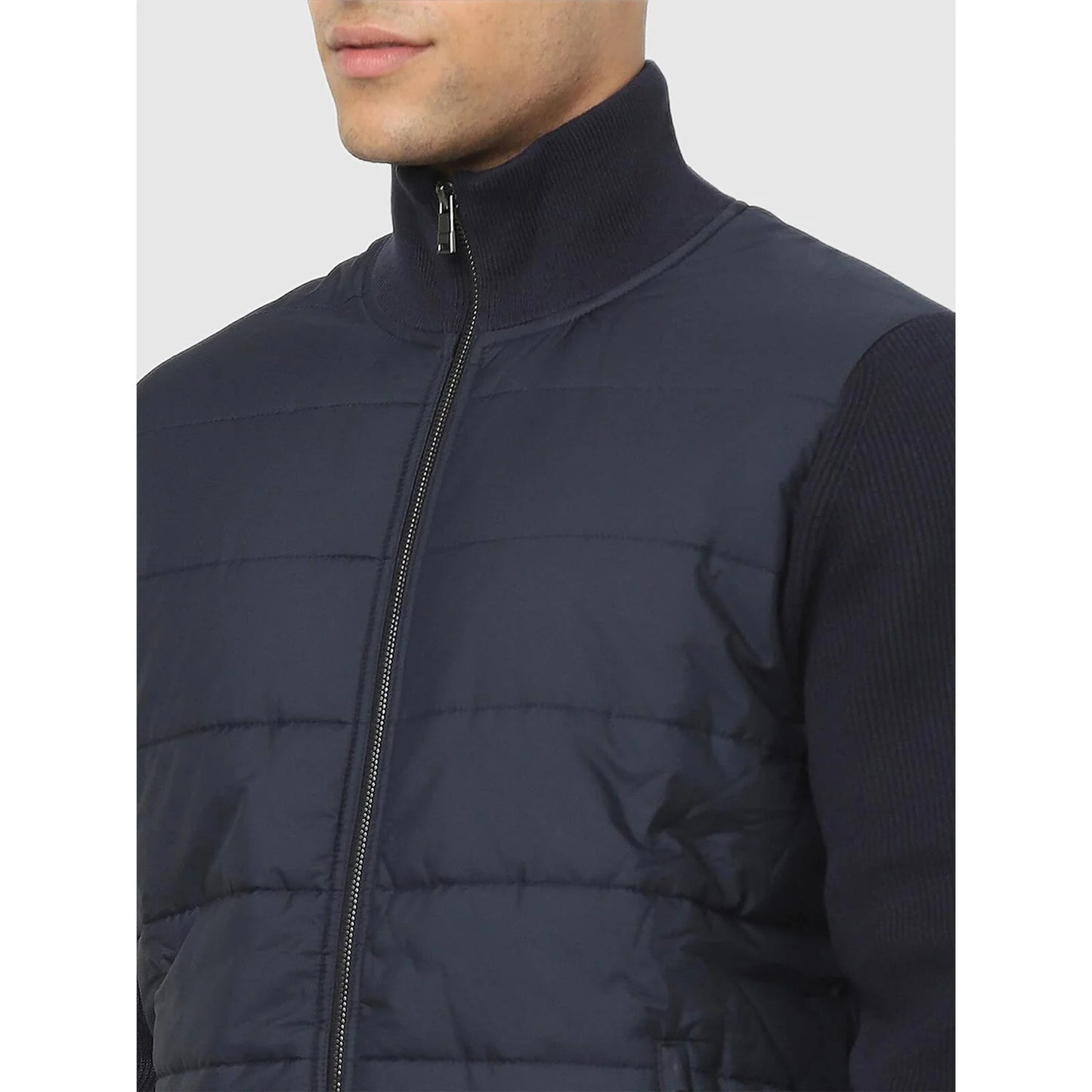 Navy Blue Solid Cotton Blend Jacket