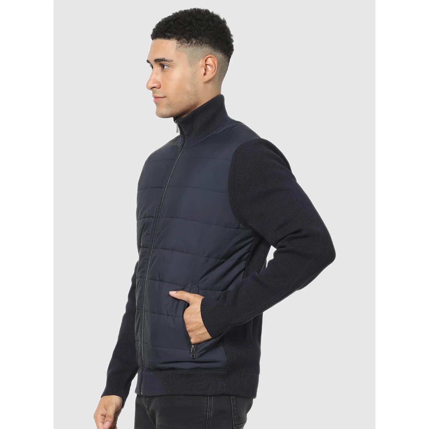 Navy Blue Solid Cotton Blend Jacket