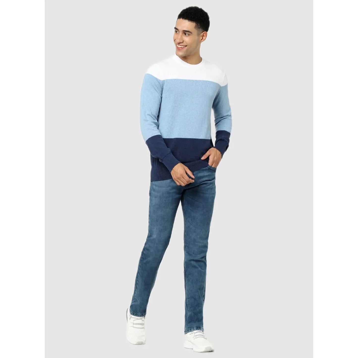 Blue Colourblock Cotton Sweater