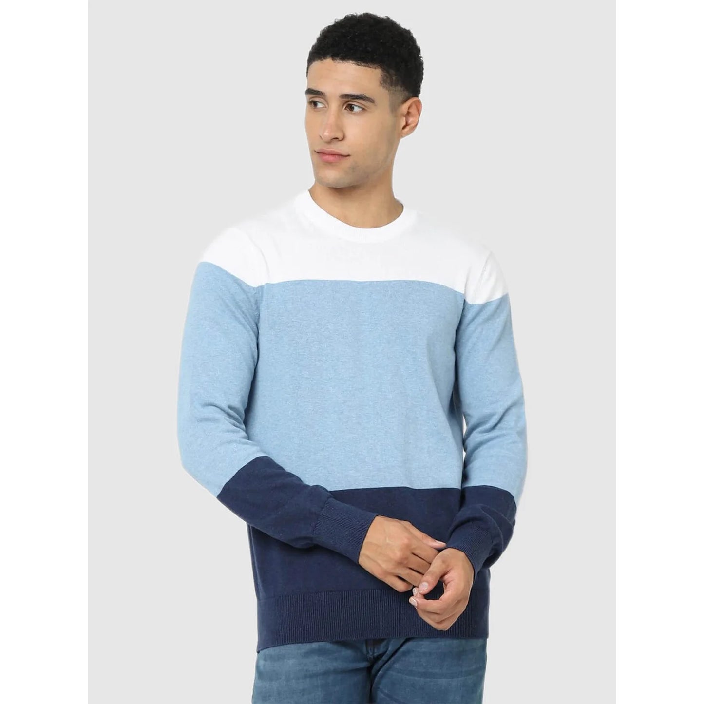 Blue Colourblock Cotton Sweater