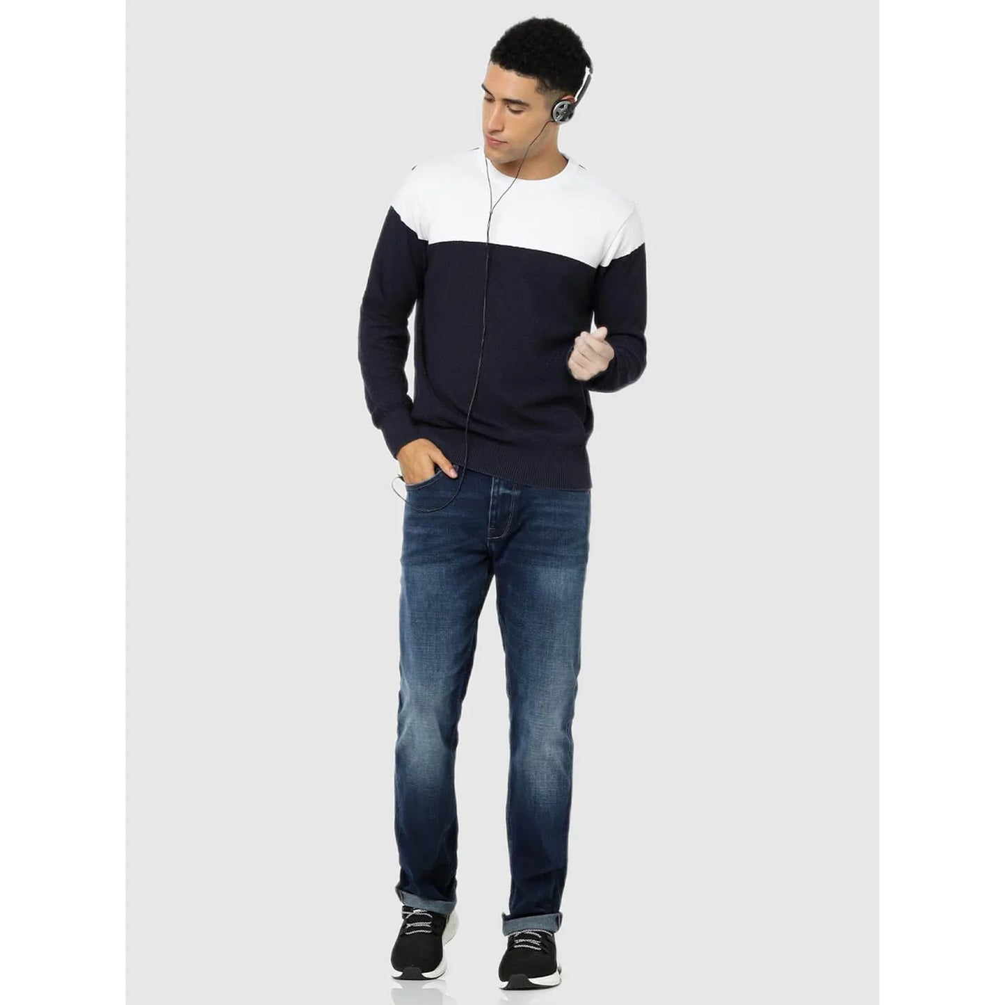 Navy Blue Colourblock Cotton Sweater