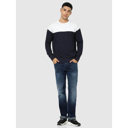 Navy Blue Colourblock Cotton Sweater