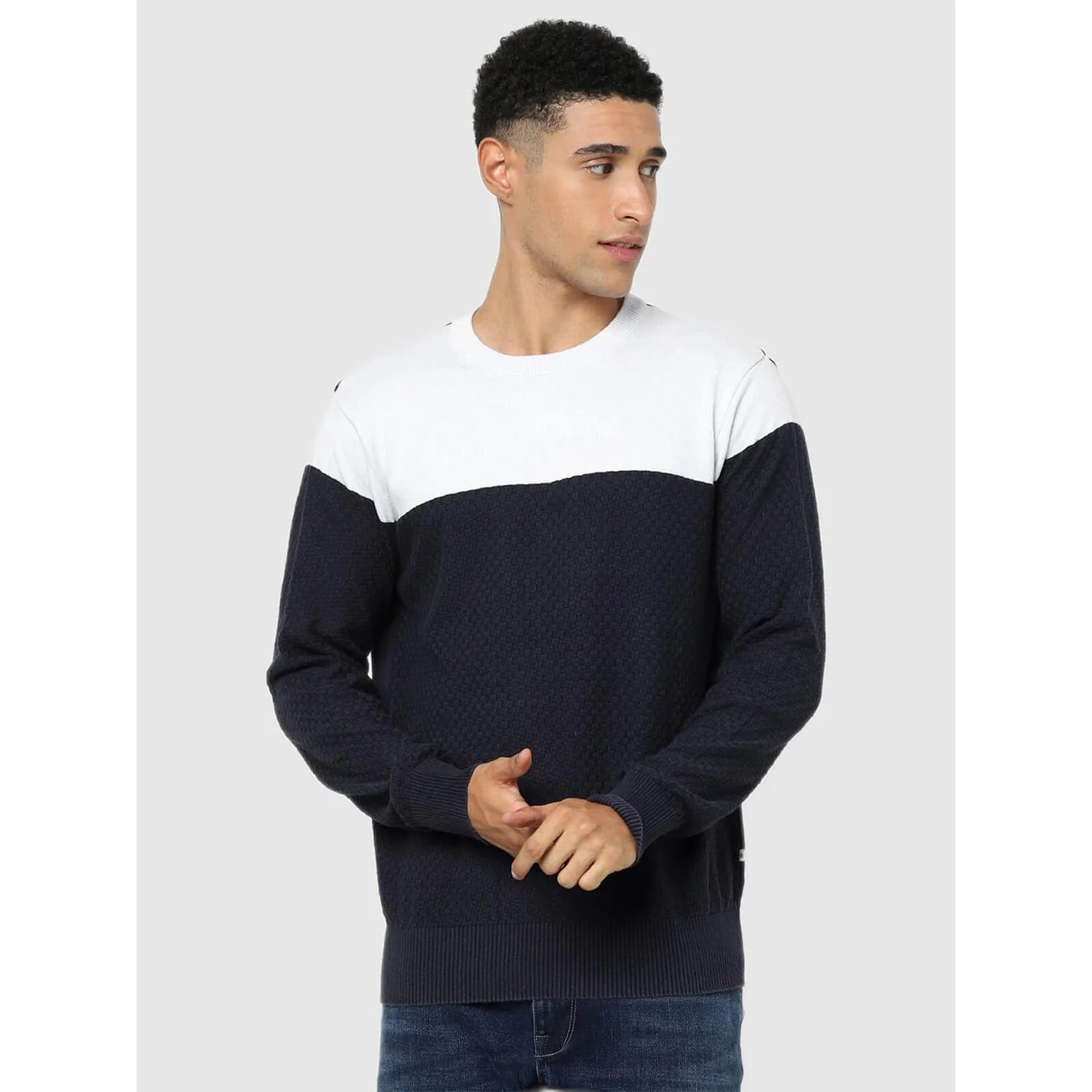 Navy Blue Colourblock Cotton Sweater