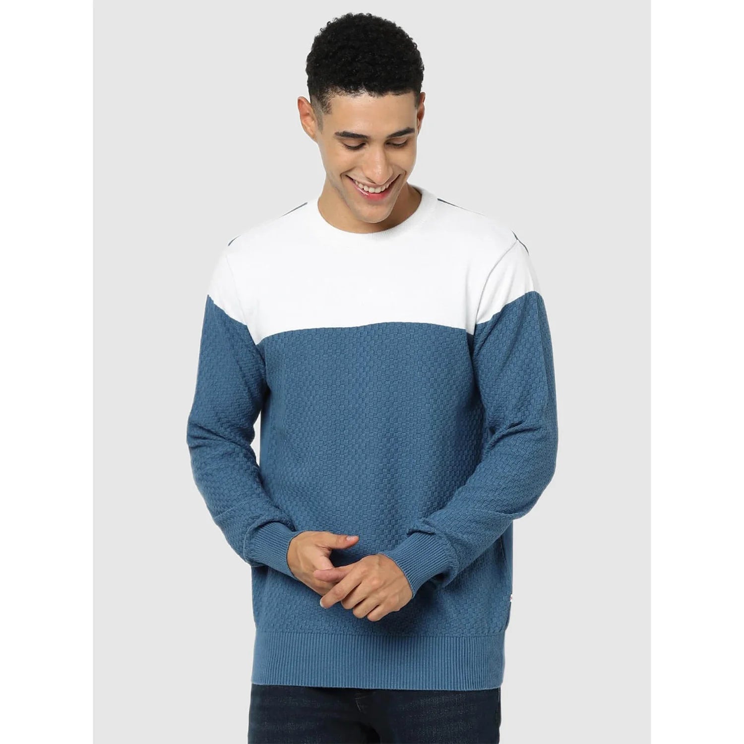 Blue Colourblock Cotton Sweater