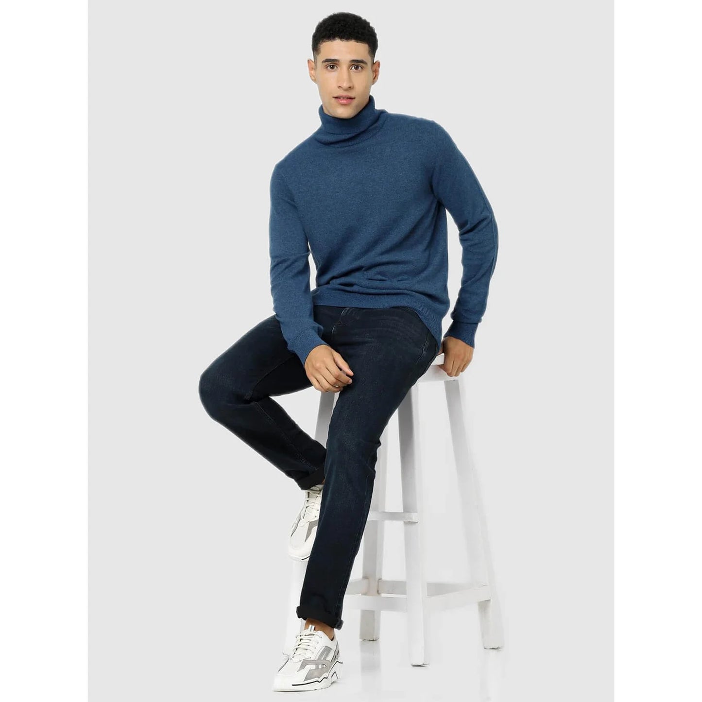 Blue Solid Cotton Blend Sweater