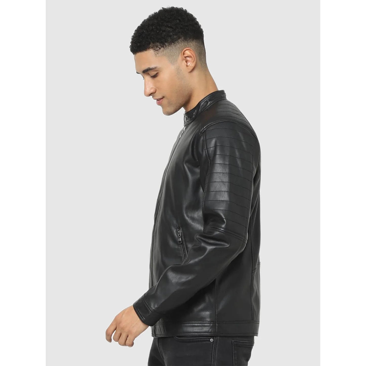 Black Solid Faux Leather Jacket