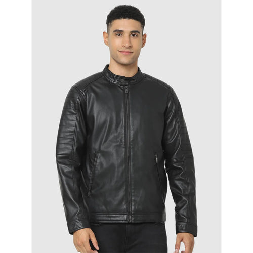 Celio* Solid Regular Fit Faux Leather Black Jacket