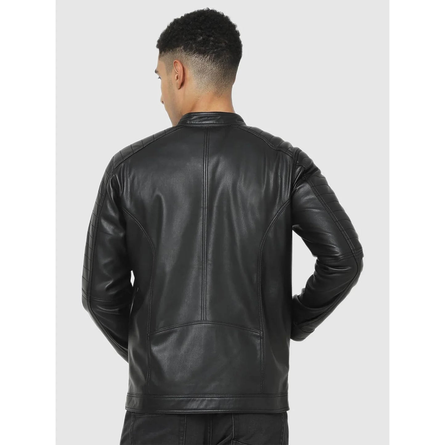 Black Solid Faux Leather Jacket