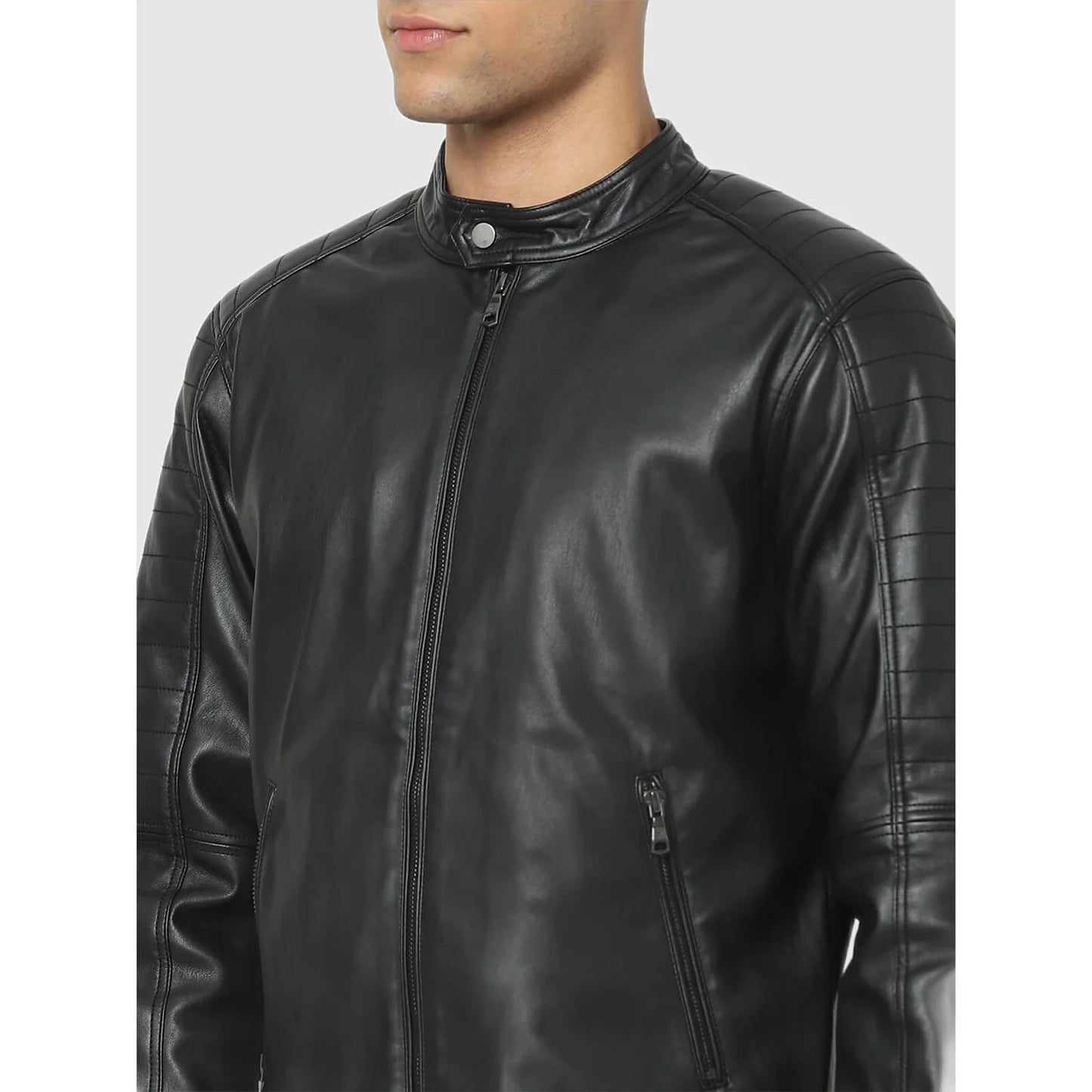 Black Solid Faux Leather Jacket