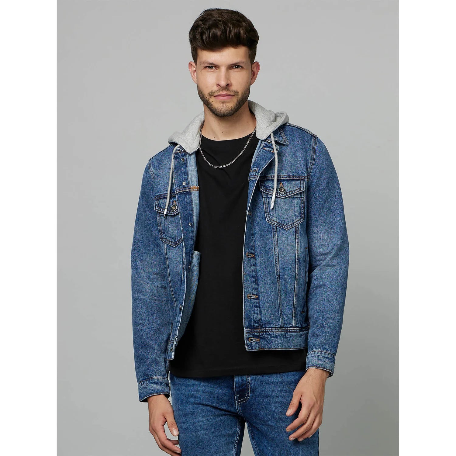 Blue Solid Cotton Jacket