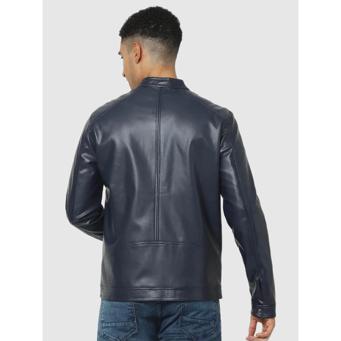 Navy Blue Solid Polyurethane Jacket