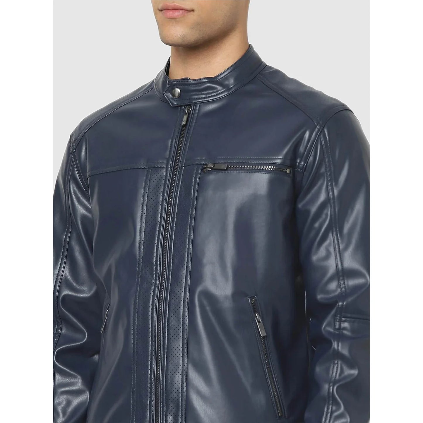 Navy Blue Solid Polyurethane Jacket