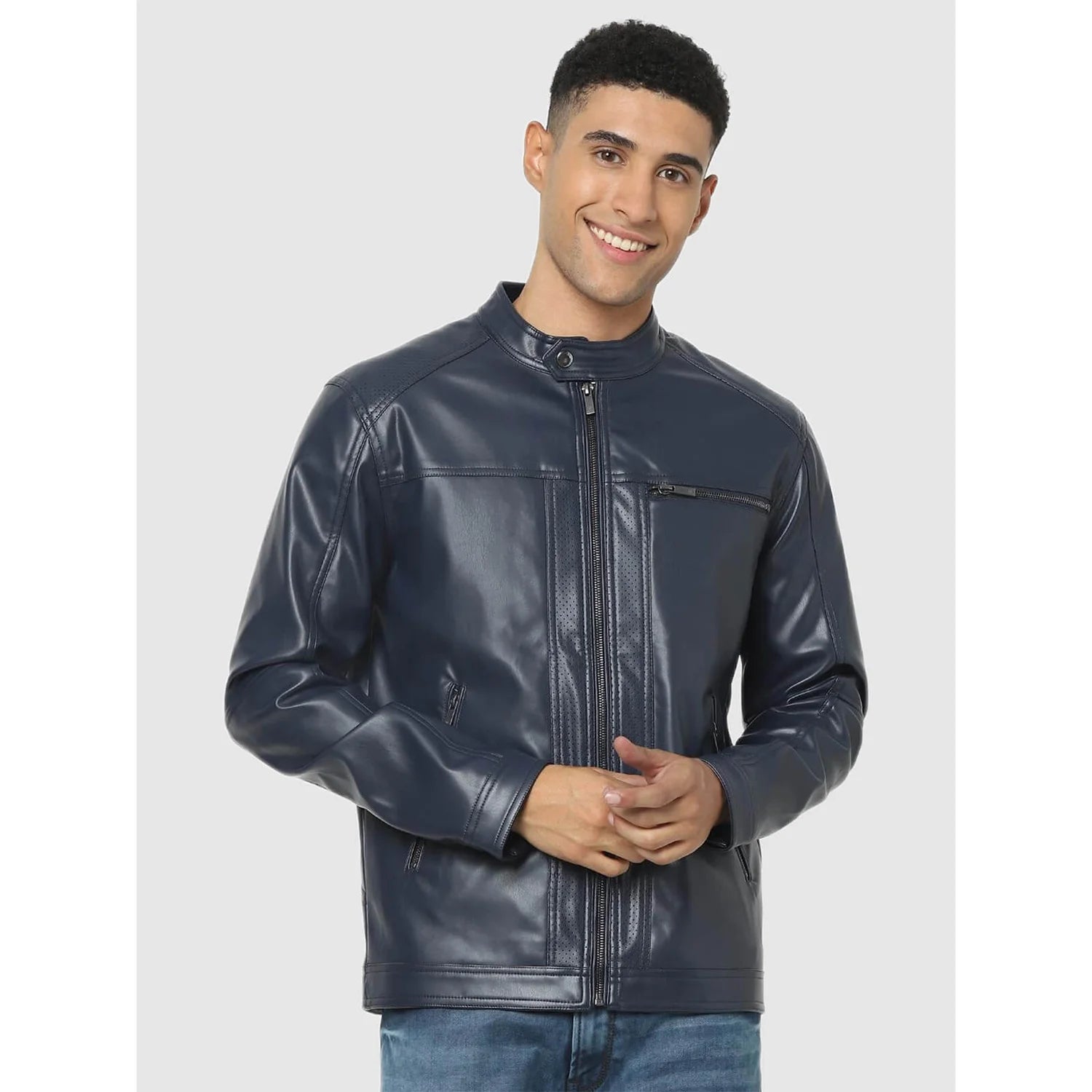 Navy Blue Solid Polyurethane Jacket