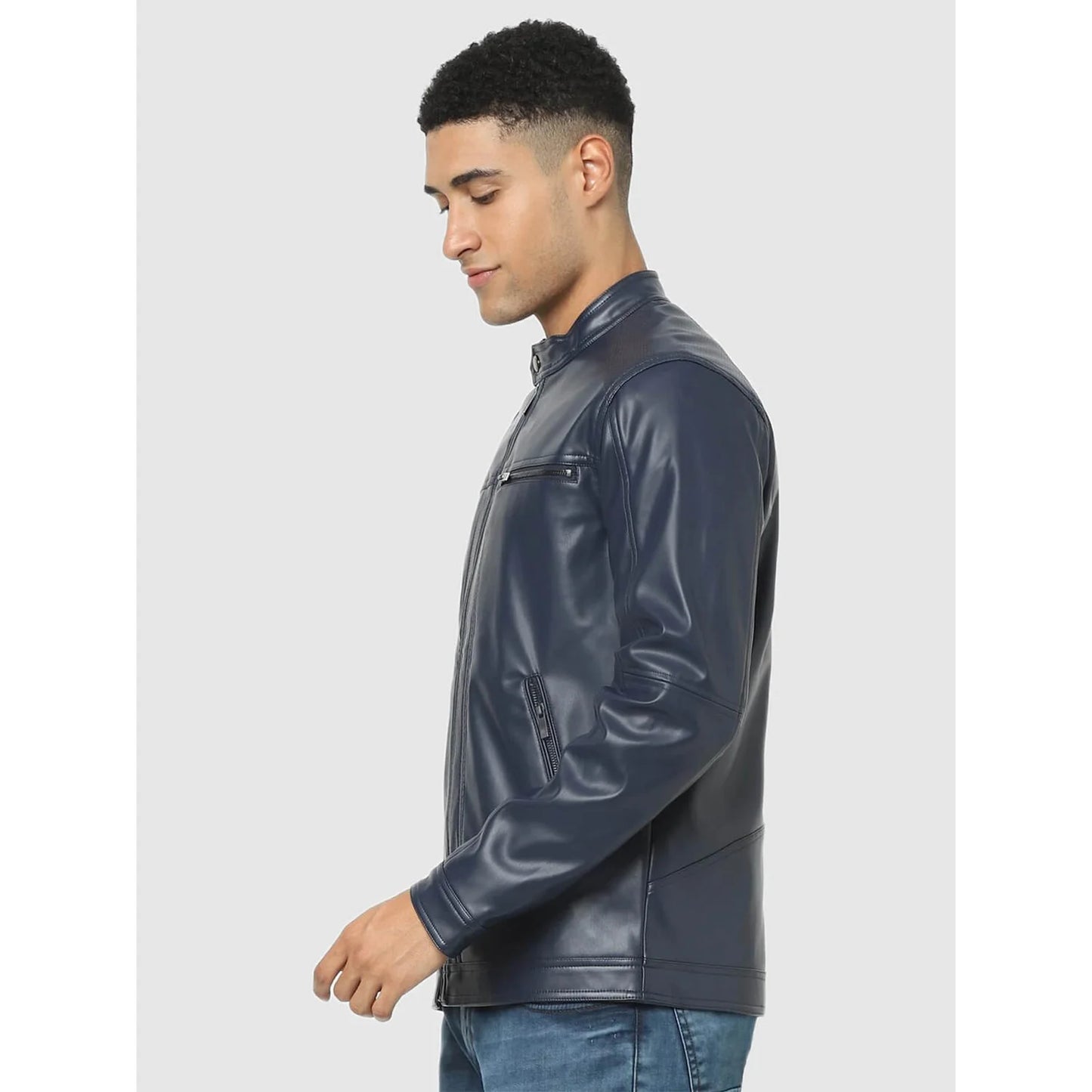 Navy Blue Solid Polyurethane Jacket