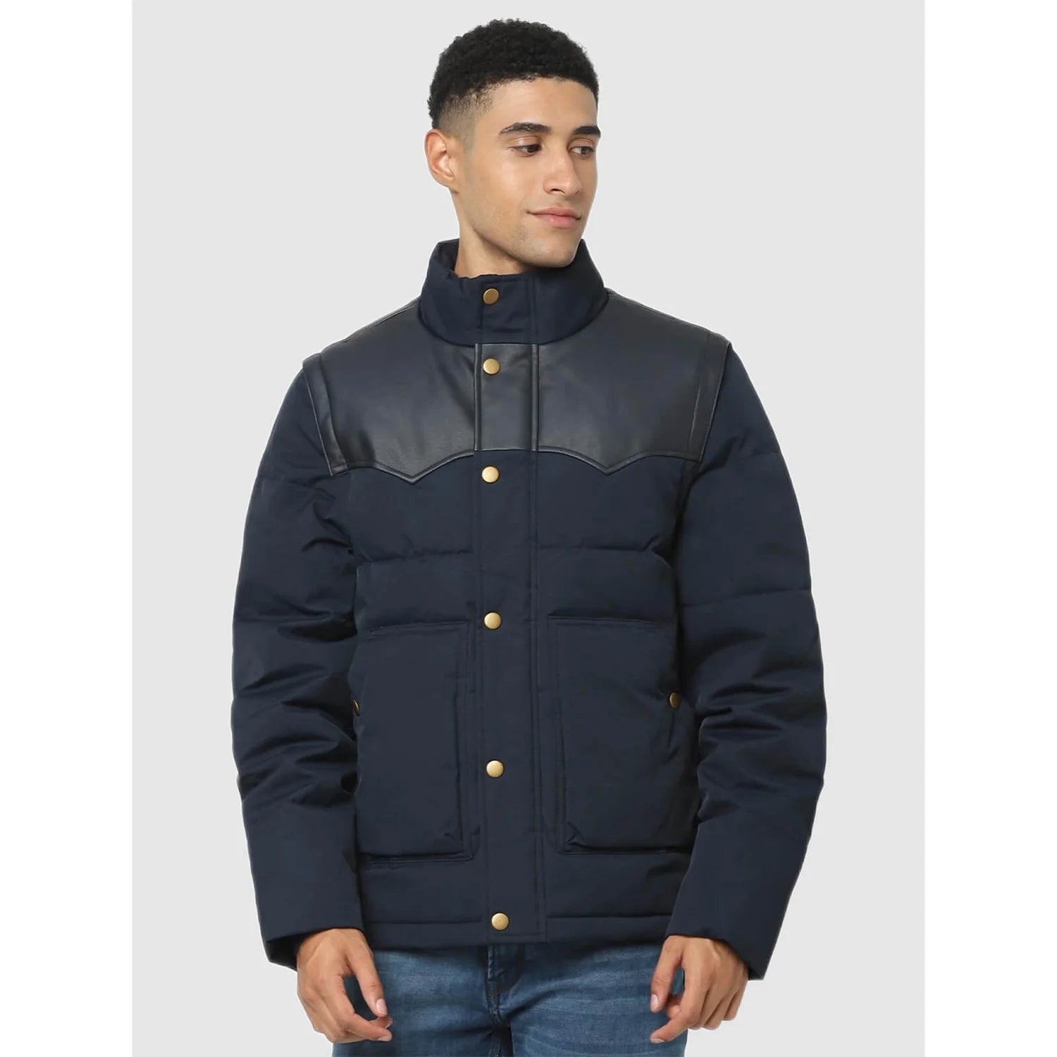 Navy Blue Solid Cotton Blend Jacket