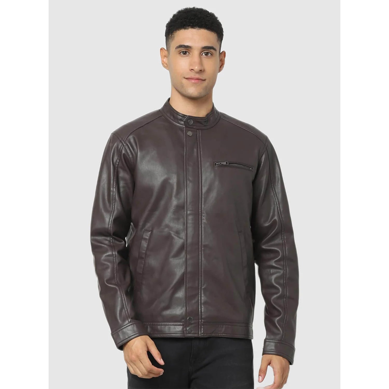 Brown Solid Polyurethane Jacket