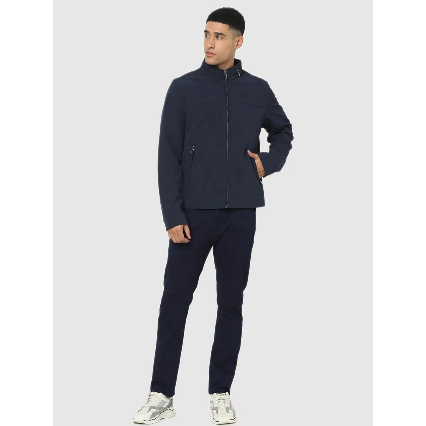 Navy Blue Solid Polyester-Blend Jacket