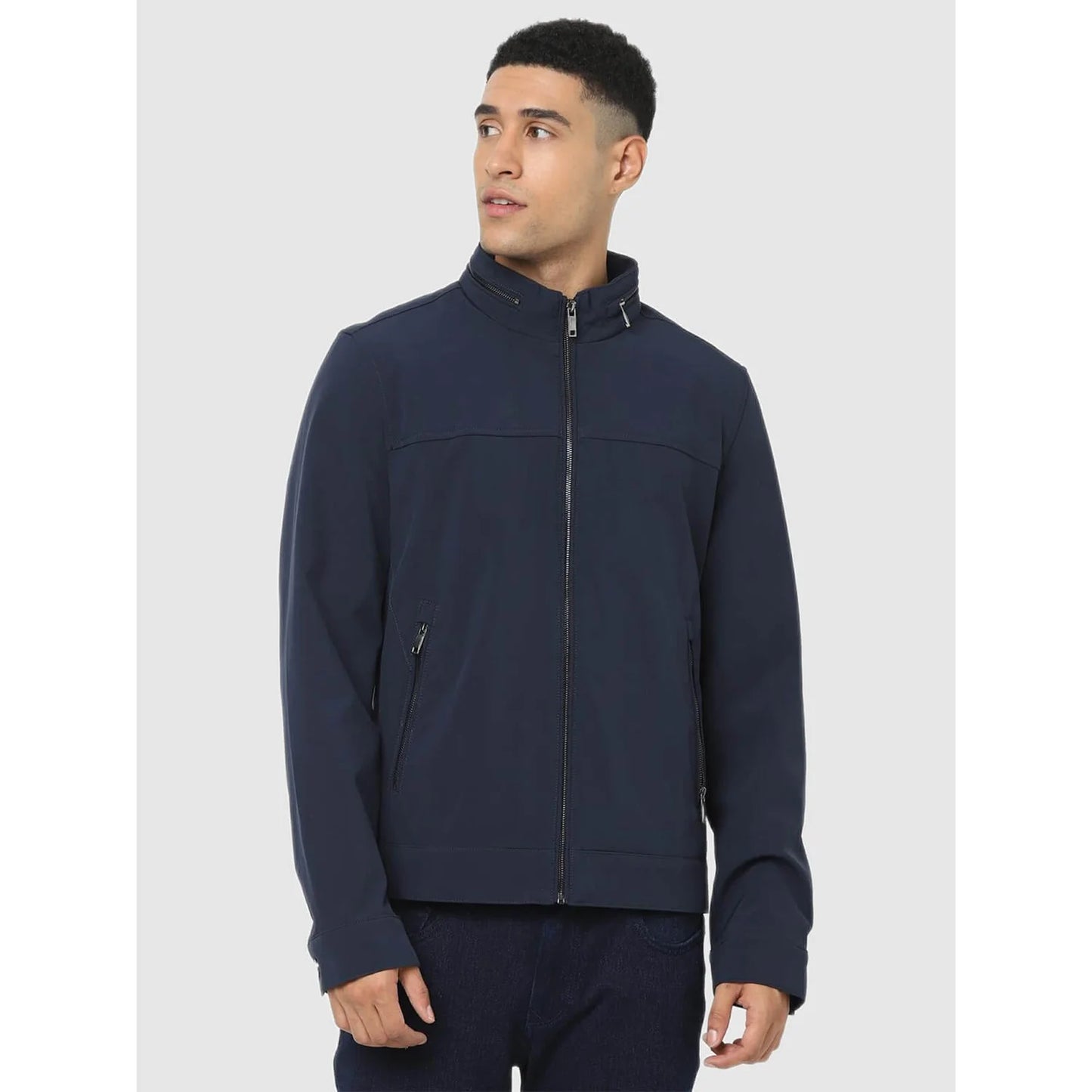 Navy Blue Solid Polyester-Blend Jacket