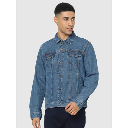 Blue Solid Cotton Jacket