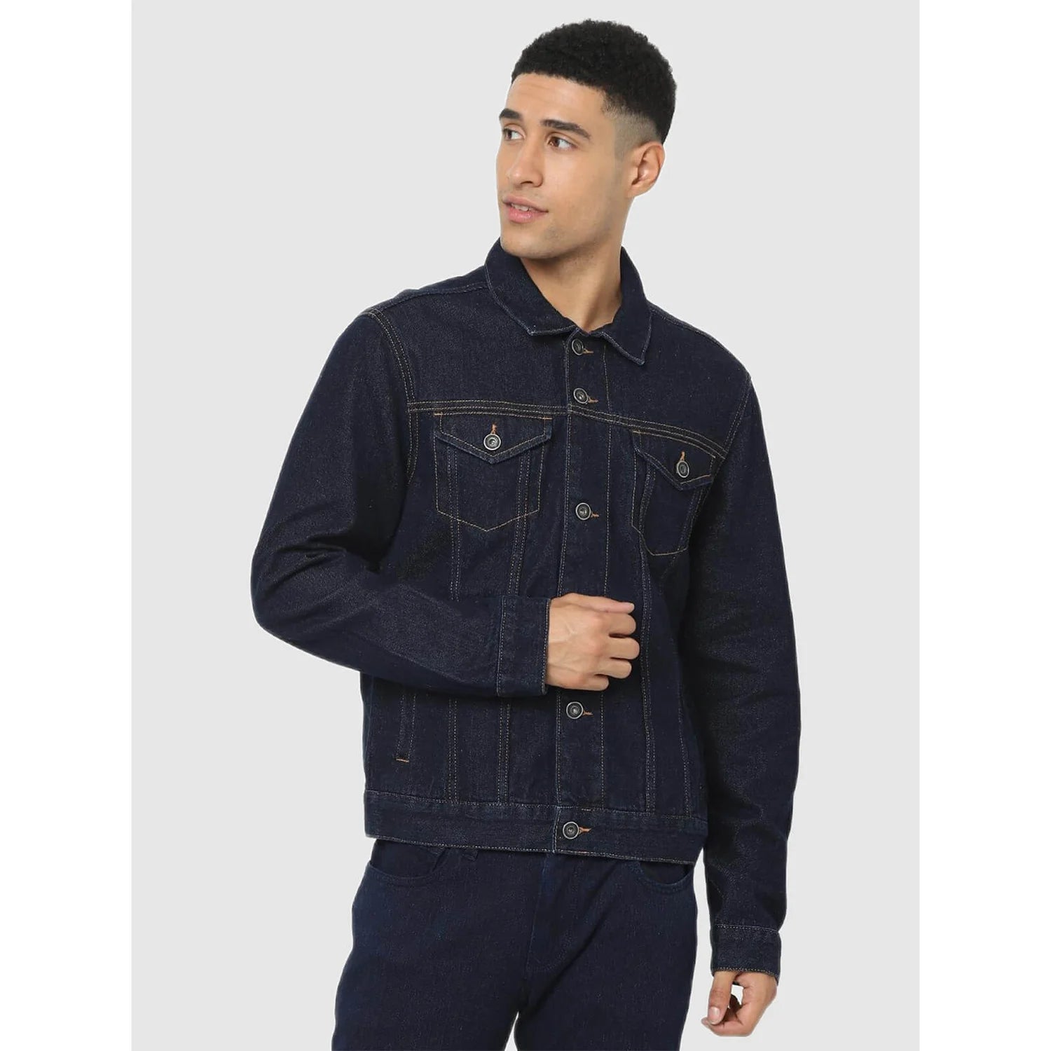 Navy Blue Solid Cotton Jacket