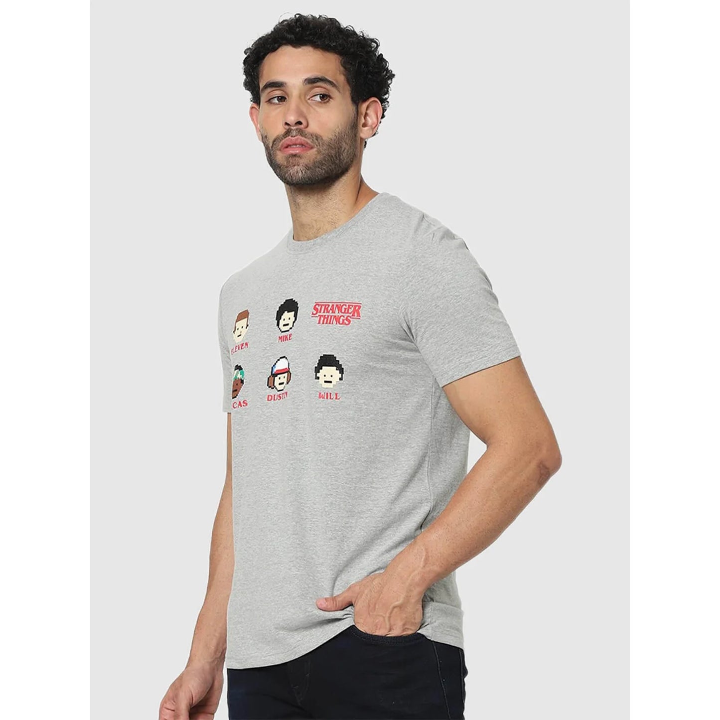 Stranger Things - Grey Printed Cotton T-Shirt