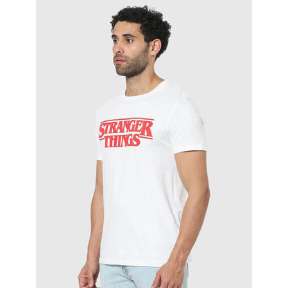 Stranger Things White Printed Cotton T-Shirt