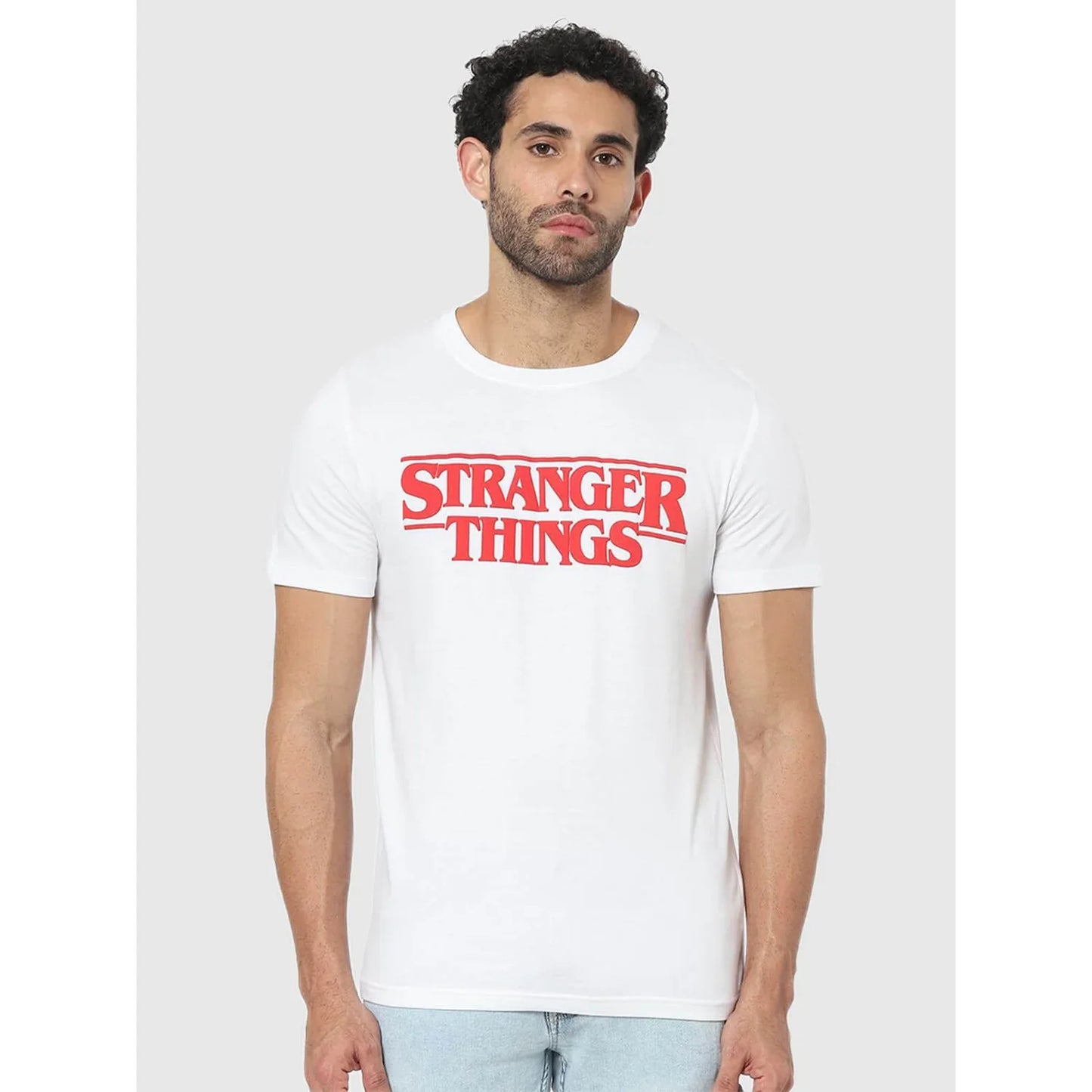 Stranger Things White Printed Cotton T-Shirt