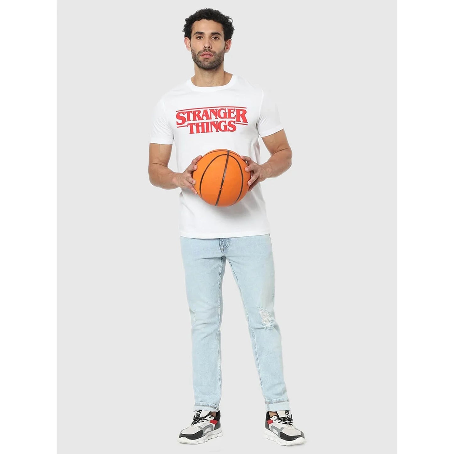 Stranger Things White Printed Cotton T-Shirt