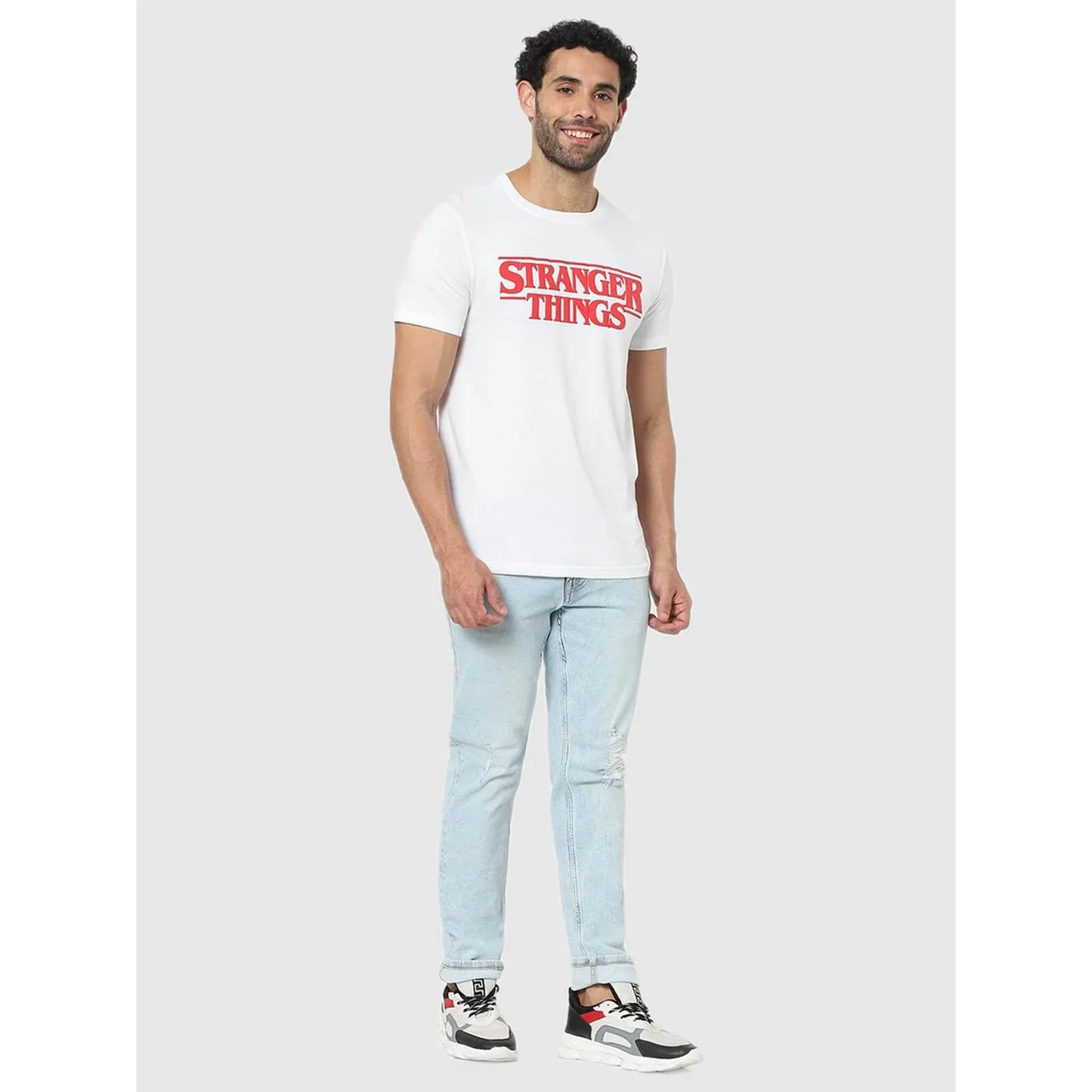 Stranger Things White Printed Cotton T-Shirt