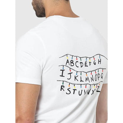 Stranger Things White Printed Cotton T-Shirt